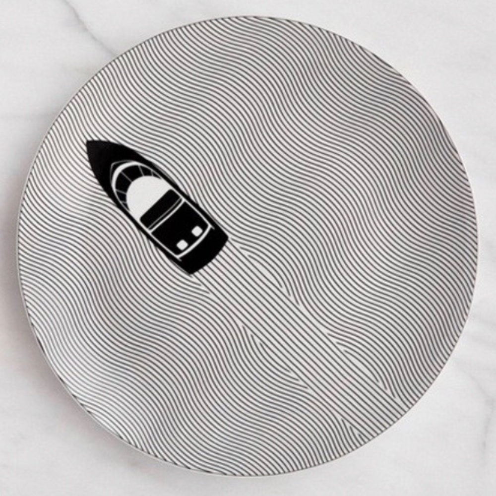 Cheeky I Help End Hunger 12” Black White Fine Lines Porcelain Dinner Boat Plate